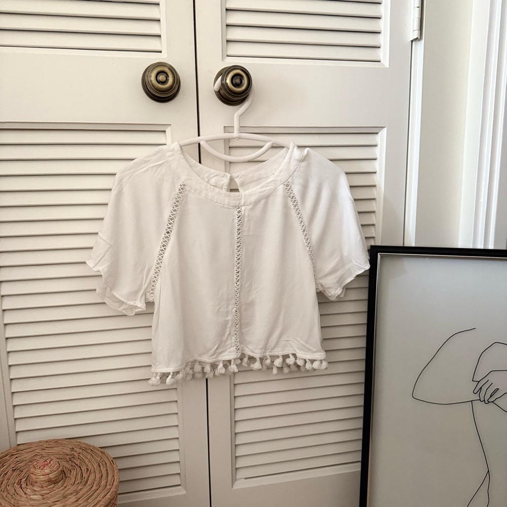 White Tassel Trim Women's Top